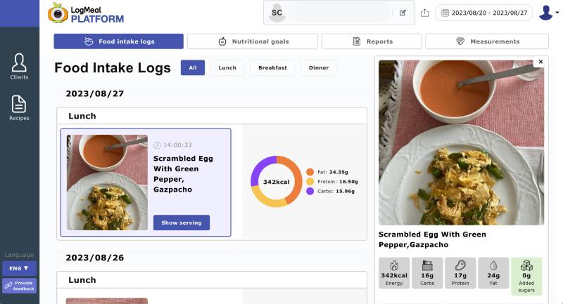 food log history logmeal platform screenshot